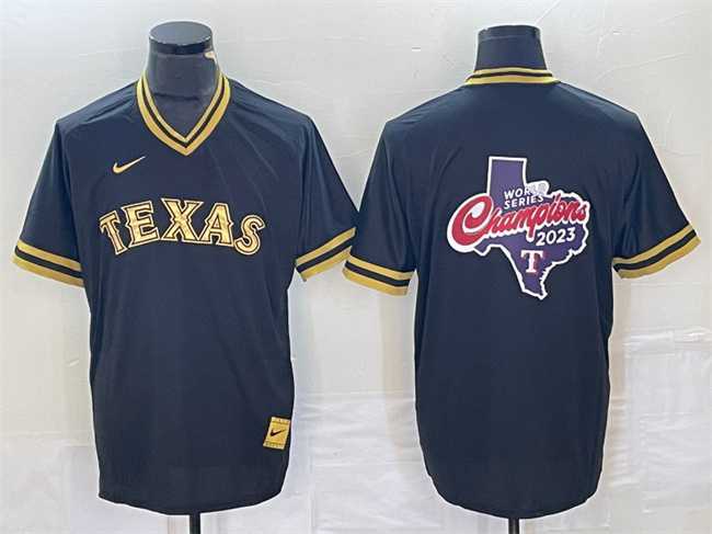 Men%27s Texas Rangers Black 2023 World Series Champions Big Logo Cool Base Stitched Baseball Jerseys